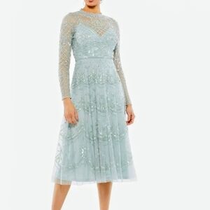 Mac Duggal Seafoam Embellished High Neck Long Sleeve Midi Dress